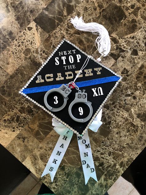 Grad cap. Criminology. Law enforcement. Police academy. Graduation Cap Designs Police, College Grad Cap Ideas Criminology, Police Graduation Pictures, Criminology Cap Decoration, Grad Cap Ideas Criminology, Police Grad Cap, Police Graduation Cap Ideas, Law Enforcement Graduation Cap, Criminology Grad Cap