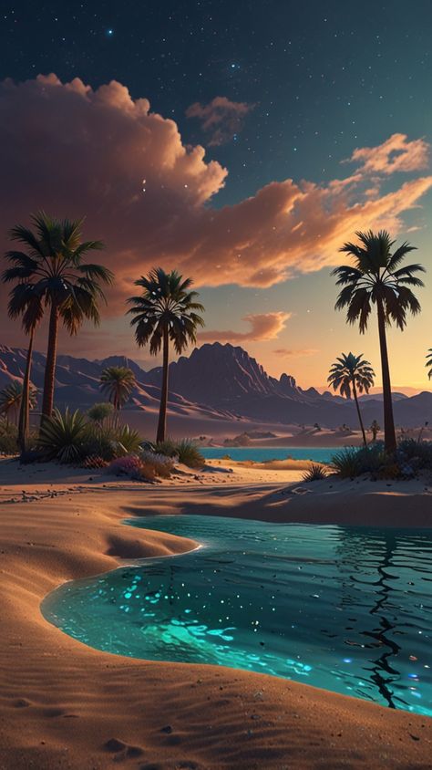 Discover an enchanted desert oasis where palm trees and dunes softly glow in shades of turquoise and gold under a deep indigo sky. The shimmering water reflects the glowing plants, while fireflies dance above, casting a magical light. Sparkling sand and a surreal glow create the ultimate hidden paradise, transforming the desert into a dreamlike wonderland. #EnchantedOasis #DesertGlow #MagicalNights #SurrealLandscapes #HiddenParadise #DreamlikeVibes Desert Palm Trees, Oasis In The Desert, Oasis Concept Art, Desert Temple, Desert Oasis, Branding Mood Board, Shades Of Turquoise, Night Time, Fantasy World