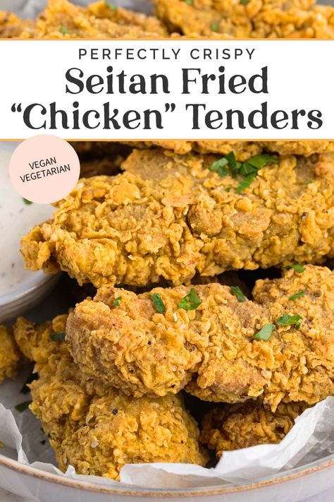 These crispy seitan fried "chicken" tenders are the perfect vegan alternative to traditional chicken strips. Featuring a tender "meat" made from homemade seitan and a crispy vegan buttermilk breading that fries up beautifully. Vegan Buttermilk, Seitan Chicken, Homemade Seitan, Vegan Meat Recipe, Fried Chicken Strips, Vegan Fried Chicken, Seitan Recipes, Vegan Fries, Fried Chicken Tenders