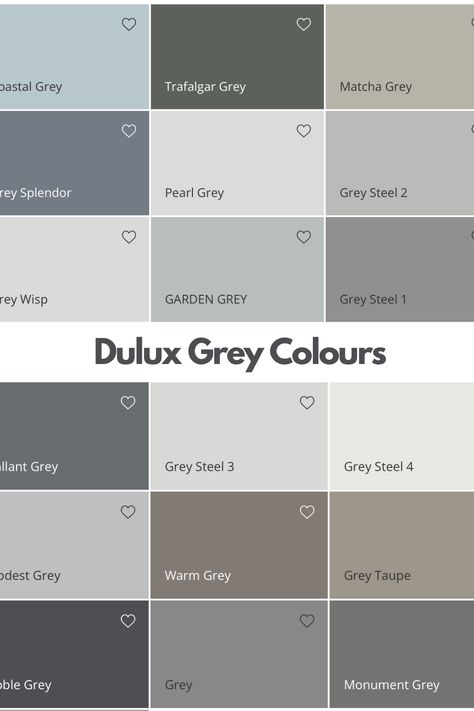 Dulux grey colours, a mix of different grey swatches by Dulux Paint Colours For Outside House, Grey Home Interior Design, Grey House Interior Paint, Grey Paint Ideas For Walls, Types Of Grey Colour, Grey Color Room Bedrooms, Grey Colour Interior Design, Grey And Charcoal House Exterior, Off Grey Walls Paint Colors