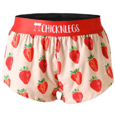 Closeup product shot of the women's strawberry szn 1.5 inch split running shorts from ChicknLegs. Chickn Legs Shorts, Chicknlegs Shorts, Chickenlegs Shorts, Chicken Legs Running Shorts, Chicken Leg Shorts, Chicken Legs Shorts, Fun Shorts, Volleyball Shorts, Running Shorts Women