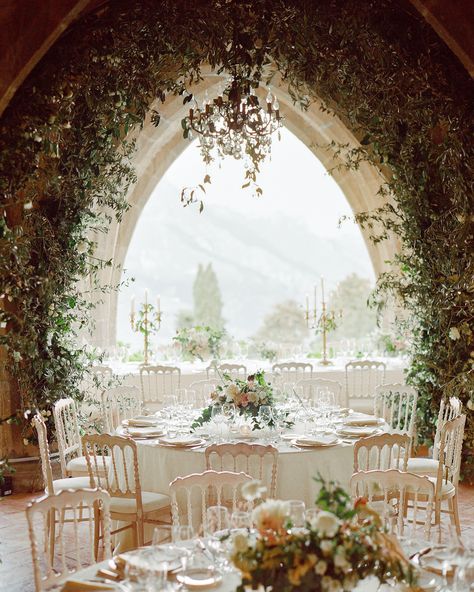 This Couple's Dreamy Italian Destination Wedding Could Have Been from a Fairy Tale | Martha Stewart Weddings - The bride loved that the wedding dinner wasn't shoehorned between toasts and dancing. Everyone sat together and had a beautiful four-course meal. Then, afterwards, everyone went to another spot for the dancing, and that was pure fun—no flowers, just disco balls everywhere. #weddingreception #weddingvenue #outdoorwedding #Italianwedding Dresses Hairstyles, Marriage Dress, Inexpensive Wedding, Course Meal, Affordable Decor, Disco Balls, Wedding Quotes, Martha Stewart Weddings, Marriage Ceremony