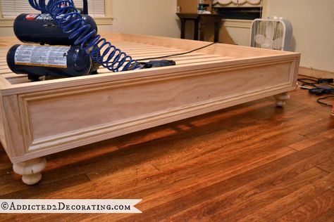 DIY Stained Wood Raised Platform Bed Frame - Finished!! - Addicted 2 Decorating® Raised Platform Bed, Diy King Bed, Best Murphy Bed, Diy Wood Stain, Futon Decor, Raised Platform, Modern Murphy Beds, Upholstery Repair, Murphy Bed Plans