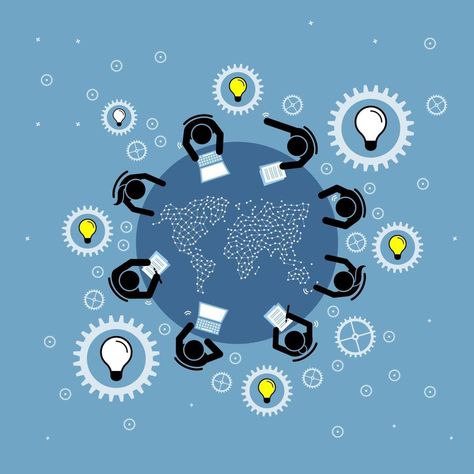 Group of people discussing and brainstorming on a round table with a world Discussion Table, Group Discussion, Circle Table, Senior Project, Circular Table, Table Ronde, Human Interaction, Creative Illustration, Group Of People