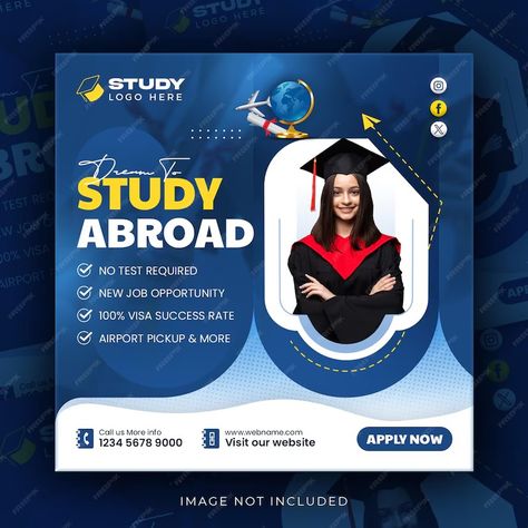 Premium PSD | Study abroad social media instagram post design higher education web banner square flyer template Study Abroad Flyer Design, Instagram Flyer Design, Educational Flyer, Instagram Post Design, Education Banner, Social Media Poster, Inspiration Photo, Education Design, Success Rate