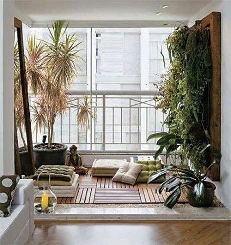 Dishfunctional Designs: How To Create The Perfect Meditation Space In Your Home Japanese Balcony, Serenity Room, Sala Yoga, Balcon Mic, Terrasse Design, Lots Of Plants, Apartment Balcony Garden, Meditation Room Decor, Small Balcony Garden