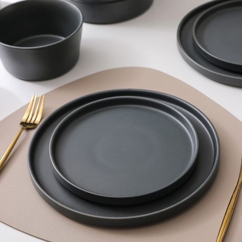 Stone Lain Celina Stoneware 12-Piece Dinnerware Set, 2B, Black, Service For 4, 9-inch Pasta Bowl Matte Plates, Assiette Design, Kitchen Essentials List, Dinnerware Set Modern, Kitchen Decor Collections, Grey Dinnerware, Crockery Design, Black Dinnerware, Modern Plates