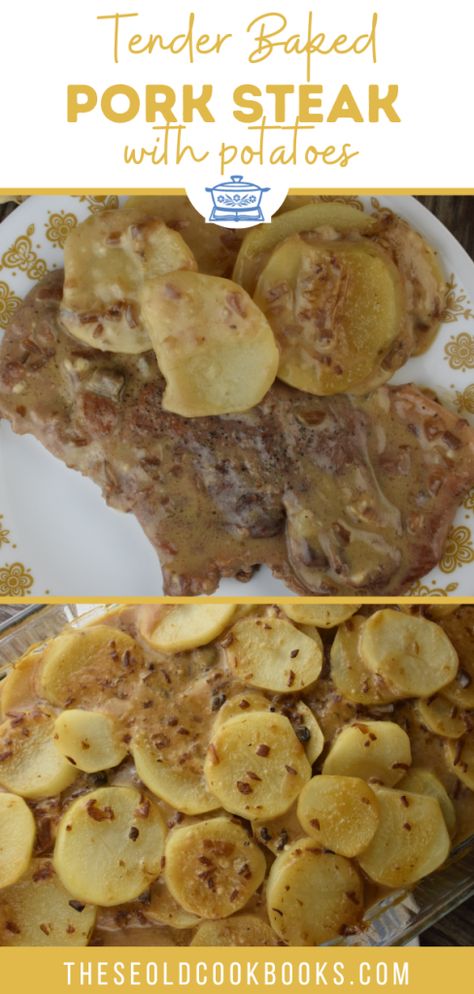 Pork Steak Casserole Recipes, Pork Steak And Potatoes Recipes, Smothered Pork Chops With Potatoes, Cubed Pork Steaks Recipes, Pork Potatoes Recipe, Pork Steak Meals Dinners, Pork Chop Steaks Recipes, Cubed Steak And Potatoes, Meals With Pork Steak