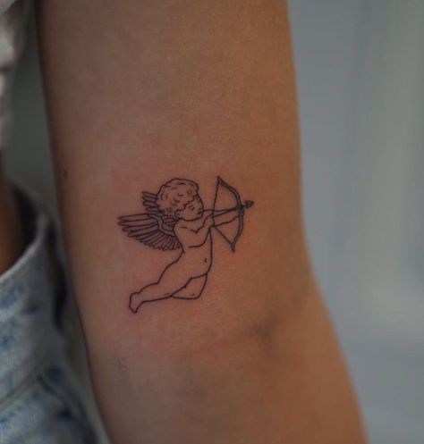 Cupid Tattoo, Cherub Tattoo, Stylist Tattoos, Discreet Tattoos, Dainty Tattoos, Simplistic Tattoos, Little Tattoos, Dope Tattoos, Line Tattoos