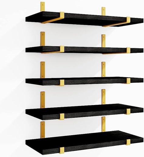 Home Decor Laundry Room, Wood Wall Storage, Float Shelf, Laundry Room Office, Black Wall Shelves, Shelves For Bedroom, Gold Shelves, Wall Storage Shelves, Floating Bookshelf