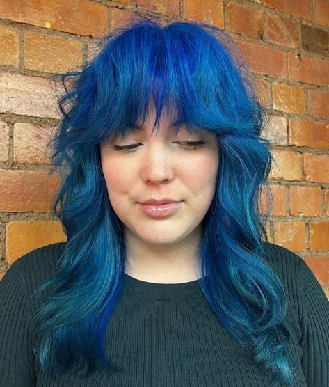 Rockabilly Blue shag cut >>> 💙✨ @hair_by_ewelina_xox 🎨 #manicpanic #manicpanicprofessional #hair #haircare #hairstylist #hairinspo #healthyhair #hairstyles #hairsalon #crueltyfreebeauty #haircolor #veganhair #crueltyfreehairdye #saloninternational #saloncolour @creativeheadmag @prohairmag @hairdressersjournal @sallybeautyuk @salonservicesuk @astonandfincher @salonsdirect @adelprohairbeauty @salon_int Blue Shaggy Hair, Blue Shag Hair, Rockabilly Blue Manic Panic, Ice Blue Hair, 70s Haircuts, Emo Hairstyles, Shag Cut, Haircut Inspo, Shaggy Hair