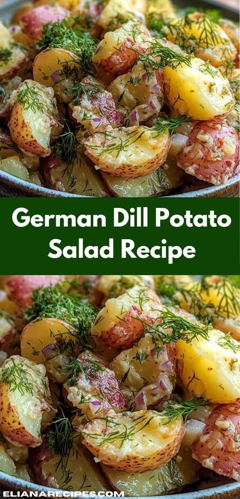 Need salad recipes with a twist? This German Dill Potato Salad recipe is your answer. It’s a flavorful mix of potato salad recipes and dill recipes, making it a standout side dish for dinner recipes for family. Potatoes Salad Recipes, Dill Potato Salad Recipe, New Potato Salad, Traditional Potato Salad, Salad With Fresh Herbs, Dill Potato Salad, Quick Salad Recipes, Dill Potato, Potatoes Salad