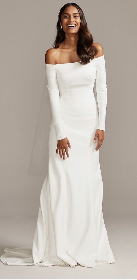 WG3990 Petite Wedding Dress, Crepe Wedding Dress, Davids Bridal Wedding Dresses, White Wedding Dress, Affordable Wedding Dresses, Wedding Dress Trends, Long Sleeve Wedding, Winter Wedding Dress, Tea Length Dresses