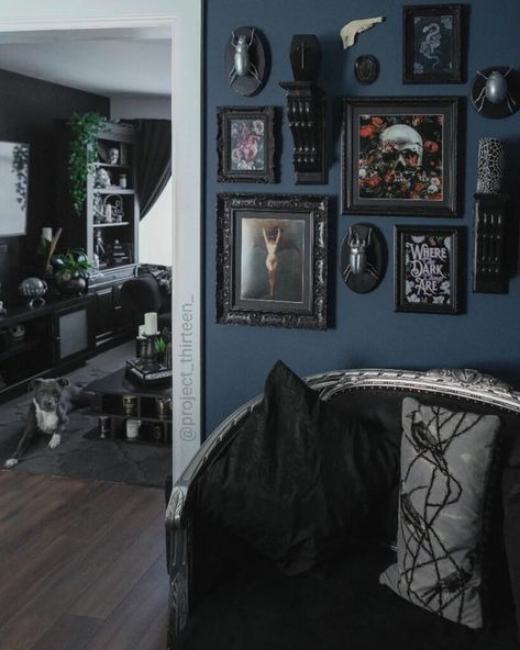 Dark Themed Home Decor, Modern Gothic Living Room, Goth Home Aesthetic, Funky Living Room Ideas, Modern Goth Home, Gothic Living Room Ideas, Gothic Living Rooms, Goth Living Room, Accent Room