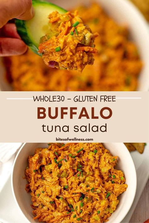 Buffalo Tuna Salad is easy to make, super flavorful and the perfect healthy lunch or dinner! Serve this spicy tuna salad with crackers, veggies, on bread or in a wrap for a filling meal that is made with simple ingredients anytime! This buffalo tuna salad is bold, creamy, spicy and budget friendly! The recipe is gluten free, dairy free, paleo, Whole30 and low carb friendly! Low Carb Tuna Recipes Lunch Ideas, Tuna Recipes Gluten Free, Tuna Salad Spicy, Buffalo Tuna Salad Recipe, Chunk Tuna Recipes, Tuna Filling Recipes, Tuna Salads For Dinner, Buffalo Tuna Recipe, Buffalo Tuna Melt