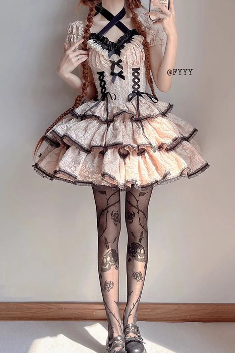 Ivory Medea Kiss Short Sleeves Gothic Lolita Op Tiered Dress – LolitaInside Alt Dress, Style Types, Kawaii Things, Punk Dress, Lolita Outfits, Spring Summer Autumn Winter, Alt Outfits, Gothic Dress, Kawaii Clothes