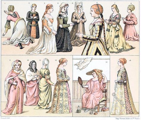 Female fashions in the 14th, 15th and 16th centuries. Italian Renaissance. Midsummer Night's Dream Characters, 14th Century Clothing, 15th Century Fashion, Italian Hair, Military Dresses, Modern Costumes, French Outfit, Ren Fest, Historical Dress