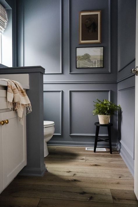 Powder Room All One Color, Half Moulding Wall, Slate Blue Powder Room, Painting Trim Same Color As Walls Bathroom, Moody Bathroom White Cabinets, Taupe Wainscoting Bathroom, Powder Bath Molding, Half Bath Wall Trim, Benjamin Moore Powder Room Colors