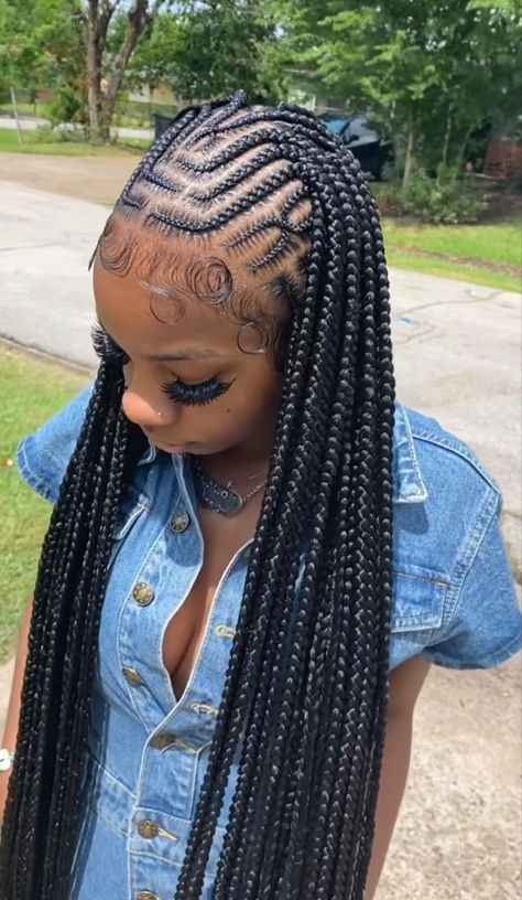 Cute Braided Hairstyles Fulani, Black Girls Fulani Braids, Fulani Braids No Curls, Braids For 11yrs, Side Part Fulani Braids With Curls, 13 Birthday Hairstyles Braids, Fulani Braids Hairstyles Designs Long, Half Feedins Half Knotless Braids, Feed In Design Braids