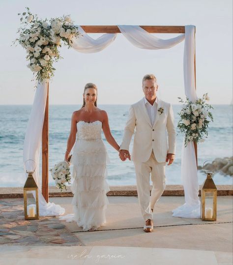 Waterfront Wedding Ceremony Arch, Marina Wedding Ceremony, Wedding Beach Arch, Beach Gazebo Wedding Decorations, Beach Alter Ideas, Beach Arbor Wedding, Beach Ceremony Aisle, Minimalist Beach Wedding Decor, Ocean View Wedding Ceremony