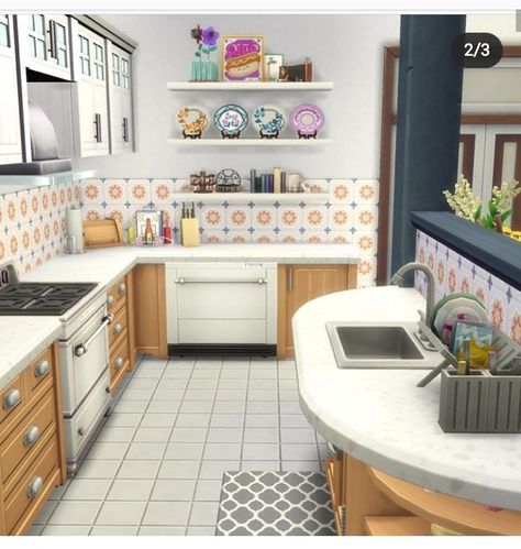 Sims 4 Family Kitchen Ideas, Sims Household Ideas, Kitchens Sims 4, Half Wall Island, Sims Kitchen Ideas, Sims Apartment, Kitchen Layout Ideas With Island, Kitchen Islands Ideas With Seating, Sims 4 Houses Layout