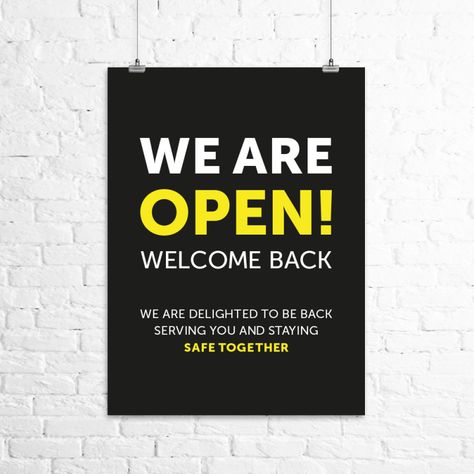 Welcome Back Poster, Restaurant Promotion Ideas, Logo Design Inspiration Restaurant, We're Open Sign, Open For Business Sign, We Are Open Sign, Restaurant Promotions, Promotion Ideas, Self Respect Quotes