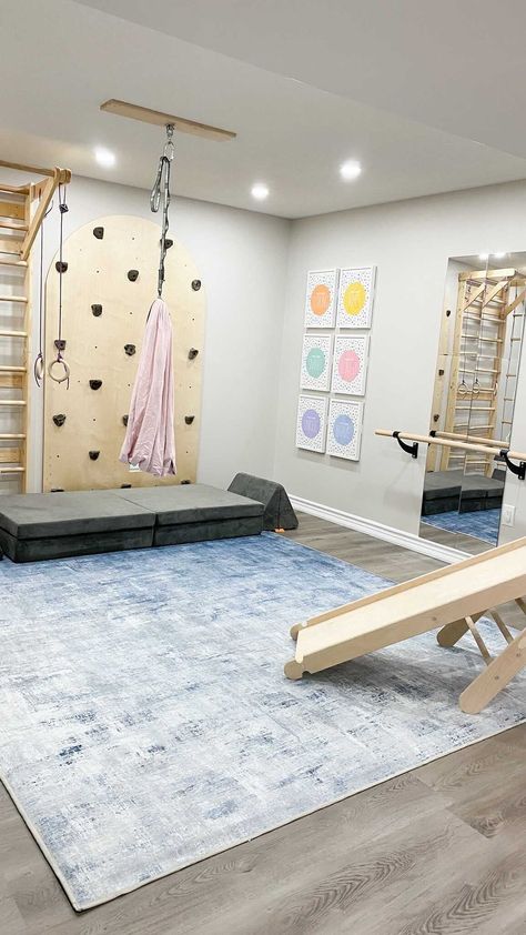 be.in.wonder.design on Instagram: The request for this room from my clients was specifically a movement space for their almost 3 year old daughter. While discussing the… Basement Gross Motor Room, Indoor Sports Room, Movement Playroom, Mid Century Modern Playroom, Gym Family Room, Kids Gym Room, Learning Room, Toddler Gym, Small Playroom