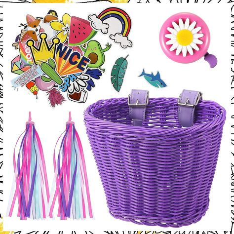 Kid's Bicycle Basket Streamers Set, Children's Bike Handlebar Wicker Basket with Colorful Purple Bicycle, Stickers Bike, Bike Decorations, Bicycle Decor, Childrens Bike, Jute Hanging, Bicycle Basket, Bicycle Bell, Bike Basket