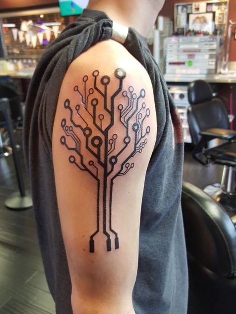 Tattoo Sleeve Themes, Wrist Band Tattoo, Tech Tattoo, Cyberpunk Tattoo, Family Tree Tattoo, Sleeve Tattoo Ideas, Tree Tattoo Designs, Arm Band Tattoo, Band Tattoo