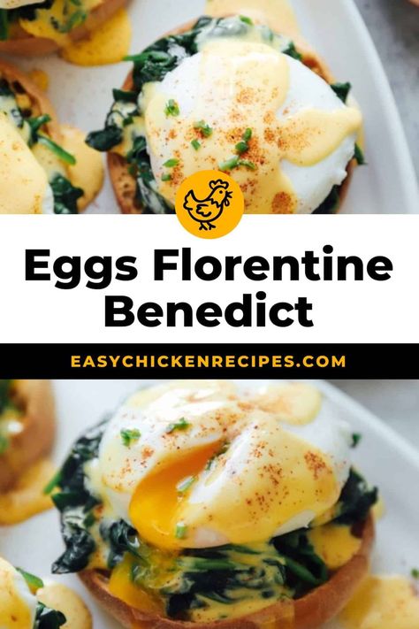 This eggs florentine recipe makes a healthy, delicious breakfast with poached eggs, sautéed spinach, and a creamy hollandaise sauce. It’s the perfect brunch recipe to impress your friends and family! Florentine Benedict, Eggs Florentine Recipe, Egg Florentine, Healthy Delicious Breakfast, Florentine Recipe, Benedict Recipe, Florentines Recipe, Eggs Florentine, Chicken Lunch Recipes