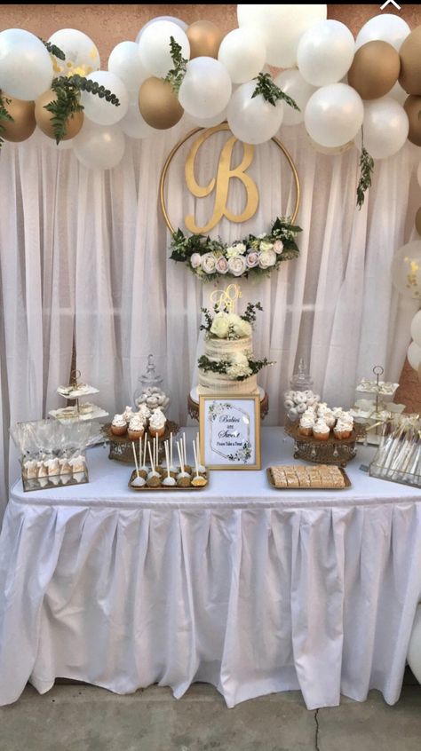 Gold And White Dessert Table Ideas, White And Gold Sweets Table, White And Gold Bautizo, White Gold Greenery Dessert Table, Wedding Dessert Table White And Gold, Baby Dedication Party, First Communion Decorations, Communion Decorations, Baptism Decorations