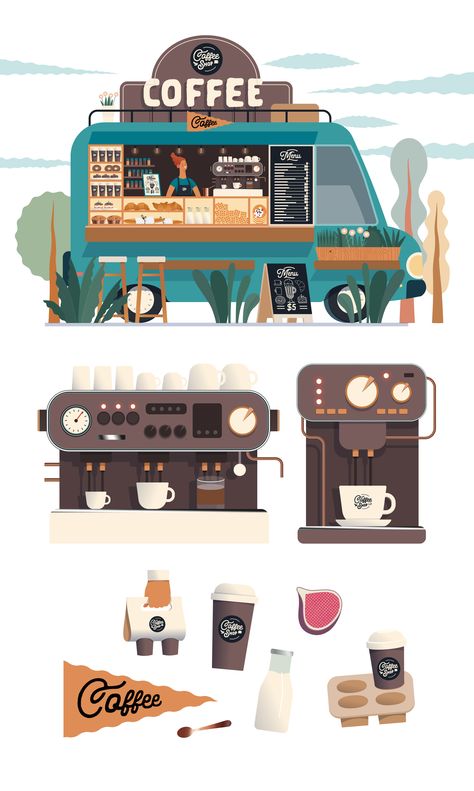 Shop Vector, Coffee Truck, Coffee Illustration, Isometric Art, Shop Illustration, Truck Design, Flat Illustration, Vector Illustrations, Illustrations And Posters