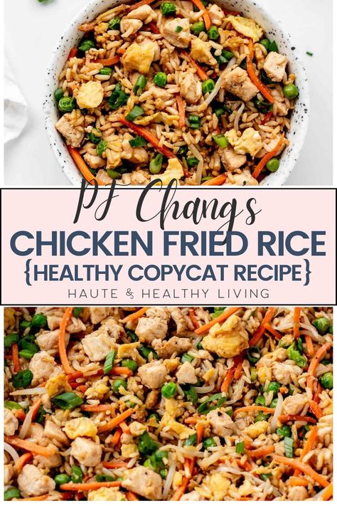 A traditional comfort dish, chicken fried rice made at home is a recipe from PF Chang. It's so warm and fulfilling, with the most lovely, aromatic aroma that will draw the entire family to the table! With reduced fat, sodium, and calorie content, this healthier version retains all of your favorite flavors! #hauteandhealthyliving #PFChangfriedrice #healthydinner #familyfriendly Chicken Fried Rice Bowl, Ground Chicken Fried Rice Recipe, Chinese Food Recipes Chicken Fried Rice, Whole 30 Fried Rice, Paleo Chicken Fried Rice, Chicken Fried Rice No Egg, Chicken Fried Rice With Cabbage, Keto Chicken Fried Rice, Rice Bowl Ideas Chicken