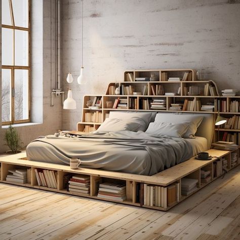 Ecosapiens on Instagram: "Introducing our innovative bed with an integrated bookshelf – a perfect fusion of comfort and convenience. This thoughtfully designed piece seamlessly combines a cozy sleeping space with a functional bookshelf, providing you with easy access to your favorite reads right at your fingertips. Crafted with both style and practicality in mind, this bed not only enhances your bedroom aesthetics but also caters to the needs of avid readers, creating a harmonious haven for relaxation and literary indulgence. Conceptual AI Art Follow @ecosapiens for more!" Bed Frame With Bookshelves, Book Shelf Bed, Book Bed, Unique Bed Frames, Wooden Library, Bed Nook, Bookshelf Bed, Library Bedroom, Bed Bookshelf