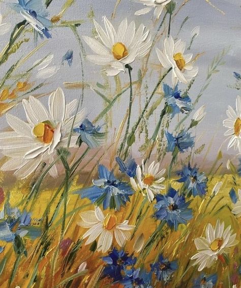 Oil Paint Ideas Easy, Painted Flower Garden, Flower Meadow Painting Acrylic, Field Flowers Painting, Painting With Oil Colors, Art Prints For Walls Aesthetic, Painting Ideas On A Canvas, Acrylic Painting Flower Field, Field Flowers Drawing