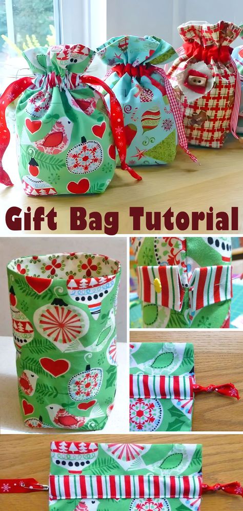 Drawstring Fabric Gift Bag Tutorial.    So Christmas is sneaking up quickly, and I thought you might like a quick and easy Christmas tutorial. How cute are these gift bags? Drawstring Bag Tutorials, Sewing Christmas Gifts, Knitting Amigurumi, Gift Bags Diy, Felt Gifts, Reusable Gift Bags, Quilted Christmas Ornaments, Easy Diy Gifts, Small Gift Bags