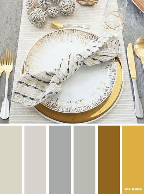 Grey and gold winter color inspiration Winter Color Schemes, Gray Pallet, Wedding Color Palettes, Fancy Decor, Kitchen Theme, Silver Color Scheme, Color Design Inspiration, Gold Color Palettes, Color Plan