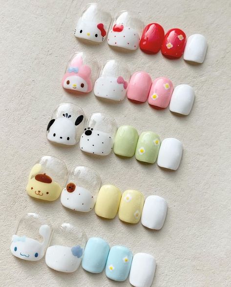 Nail Ideas Sanrio, My Dress Up Darling Nails, Sanrio Nails Design, Sanrio Nails Short, Kirby Nail Art, Short Kawaii Nails, Cinnamoroll Nail Art, Simple Kawaii Nails, Pompompurin Nails