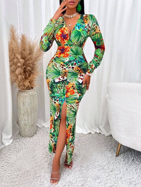 Tropical Print Plunging Neck Split Thigh DressI discovered amazing products on SHEIN.com, come check them out! Female Wears, Download Gospel Music, Latest Ankara Gown, Long Gown Styles, Corset Sewing, Cruise Clothes, Corset Sewing Pattern, Ankara Gown, Dinner Dress Classy