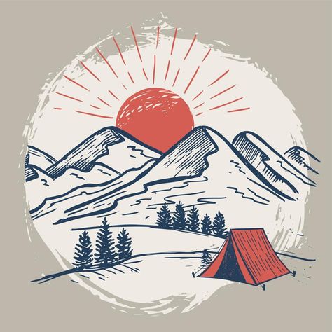 Camping In Nature, Landscape Vector, Mountain Drawing, Mountain Illustration, Tshirt Printing Design, Vector Sketch, Mountain Designs, Ink Illustrations, Vector Illustrations