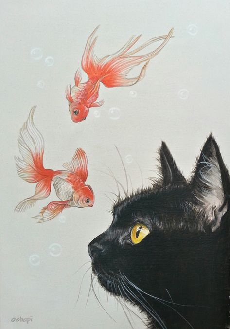 Ochopi / おちょぴ ~ Goldfish and black cat • thisisgallery.com/product/12156 Wallpaper Gatos, Illustration Art Nouveau, Cat Coloring, Desain Quilling, 강아지 그림, Fish Illustration, A Black Cat, Drawing Pencil, Cats Illustration