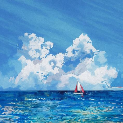 Blue Sea Under Clear Blue Sky - Watercolor Vision Studio Sky Watercolor, Marine Landscape, Clear Blue Sky, Ocean Painting, White Bird, Artwork Print, Ancient Romans, Blue Art, The Horizon