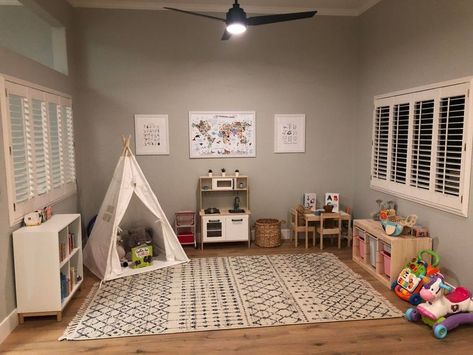 Shared Space Playroom, Breakfast Nook Play Area, Play Corner Ideas Living Room, Converting Dining Room To Playroom, Formal Living Room To Playroom, Playroom Nook In Living Room, Convert Dining Room To Playroom, Play Area In Office, Living Room To Playroom Convert