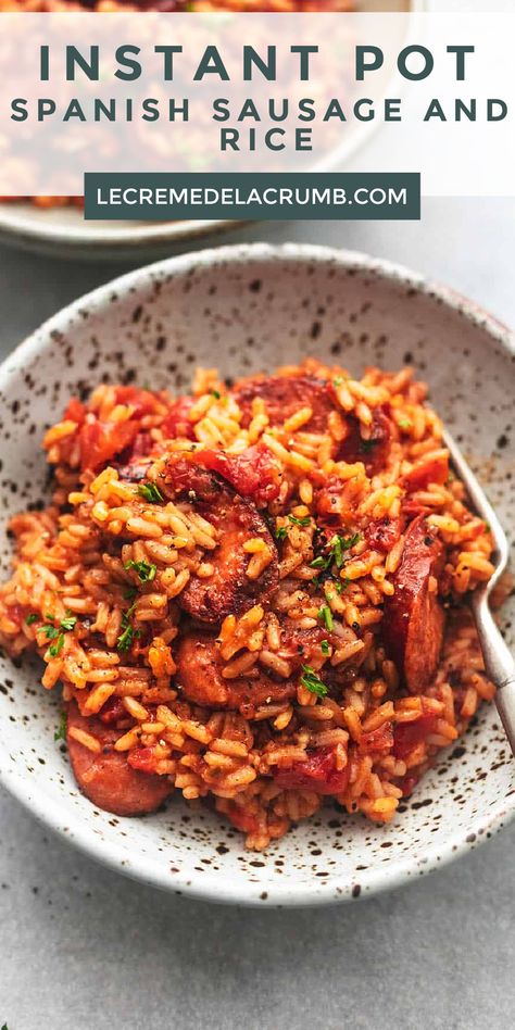 Inspired by one of our favorite vacation spots, this Instant pot Spanish sausage and rice is a super fast, simple dish where smoky Cajun sausage and flavorful rice are the stars! Plus, it’s ready in just 30 minutes! | lecremedelacrumb.com #30minutemeals #instantpot #mexican #rice #delicious #sidedish #familyfavorite Spanish Sausage, Wedding Menu Ideas, Sausage And Rice, Flavorful Rice, Cajun Sausage, Mexican Rice, Spanish Rice, Instant Pot Dinner Recipes, Insta Pot