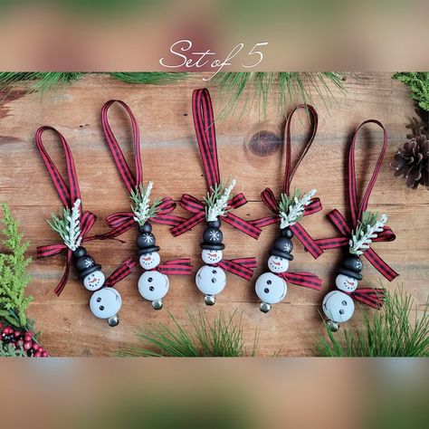 Farmhouse Snowman Ornaments, Wood Bead Snowman Ornaments, Buffalo Plaid Christmas Ornaments, Snowman Gift Toppers, Farmhouse Snowman Decor - Etsy Bead Christmas Tree Ornaments, Bead Snowman Ornament, Wood Bead Snowman, Simple Christmas Ornaments, Wood Bead Ornaments, Bead Snowman, Farmhouse Snowman, Elderly Crafts, Bead Dolls