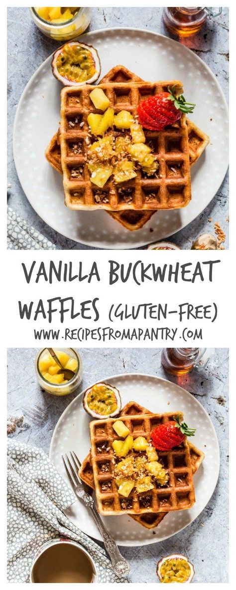 Gluten-free Vanilla Buckwheat Waffles - these awesome waffles are made with just 6 ingredients buckwheat flour, eggs, vanilla, butter, baking powder and milk. Plue the maple pineapple topping is really really good - recipesfromapantry.com {recipe, food, b Gf Waffles, Healthy Waffle, Pineapple Topping, Buckwheat Flour Recipes, Buckwheat Gluten Free, Buckwheat Waffles, Gluten Free Brunch Recipes, Breakfast Diet, Buckwheat Recipes