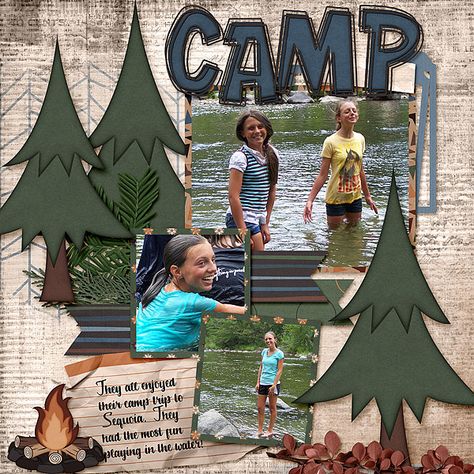 Camping Scrapbook Layouts, Summer Scrapbook Layouts, Camping Scrapbook, Beach Scrapbook Layouts, Graduation Scrapbook, Anniversary Scrapbook, Camping Photo, Scrapbook Design Layout, Diy Photo Book