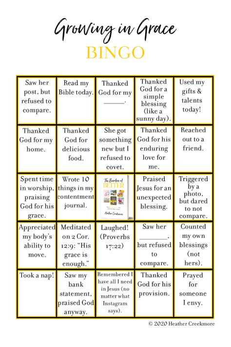 Growing in Grace BINGO to Help You Live a Comparison-Free Life - Compared to Who? Christian Bingo, Church Games, Retreat Ideas, Grow In Grace, Bingo Card, Free Life, Bingo Cards, Christian Women, Big Picture