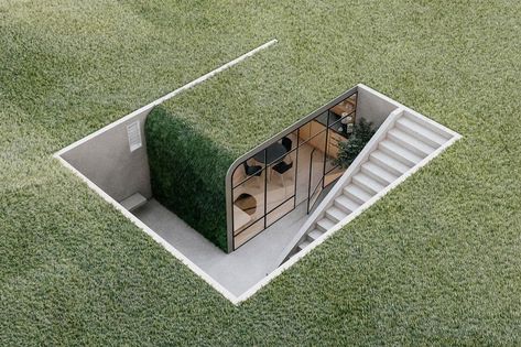 Pod House, Underground Bunker, Garden Floor, Underground Homes, Sunken Garden, Glass Facades, Workplace Design, Green Lawn, Garden Office