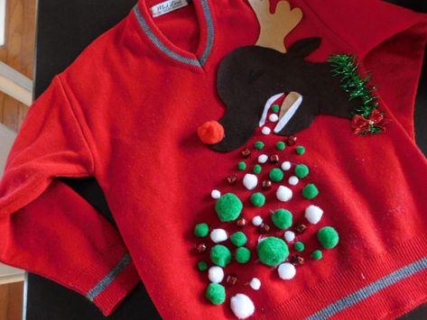 Diy Ugly Christmas Sweater Ideas, Easy Ugly Christmas Sweater, Making Ugly Christmas Sweaters, Homemade Ugly Christmas Sweater, Ugly Christmas Sweater Ideas, Ugly Christmas Sweater Diy Funny, Christmas Sweater Ideas, Ugly Christmas Sweater Outfit, Ugly Christmas Sweater Contest